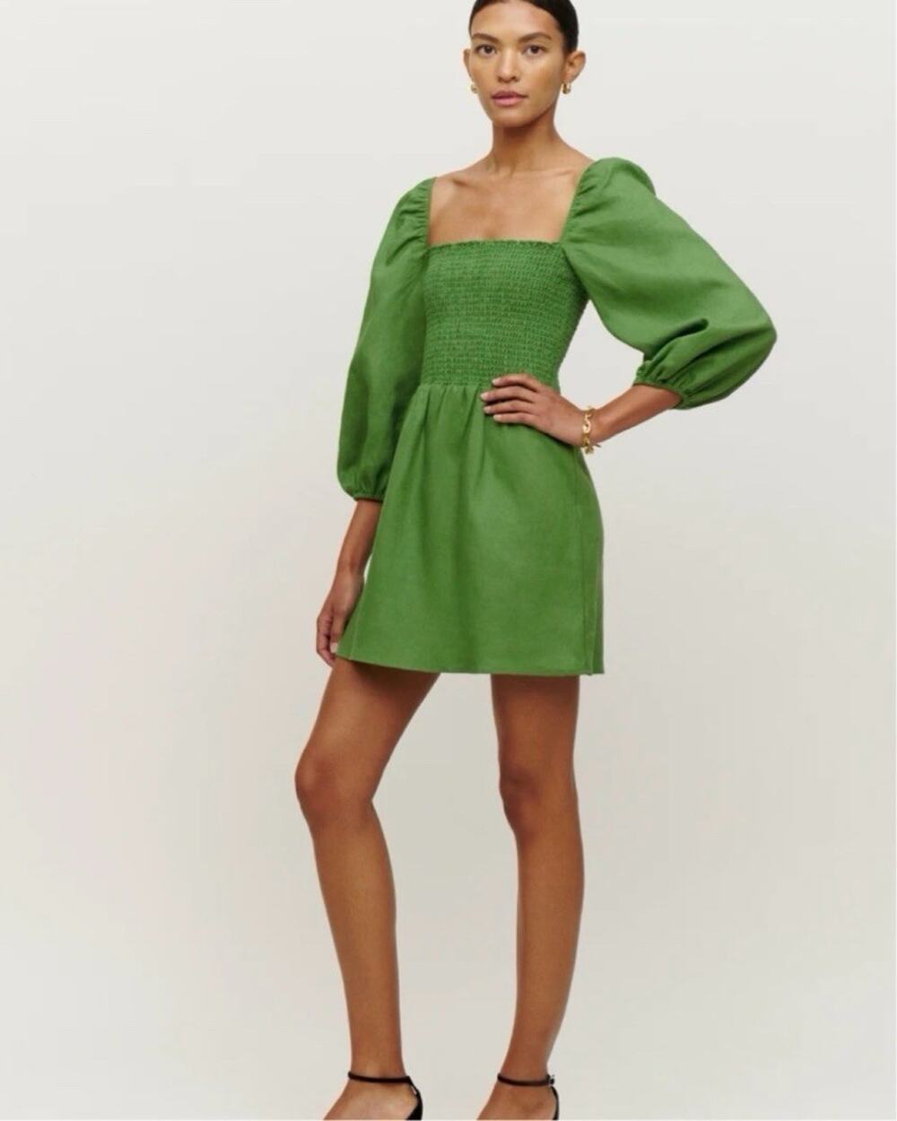 Reformation Greyson Dress Women XS Kelly Green Smocked Linen Mini Puff Sleeves